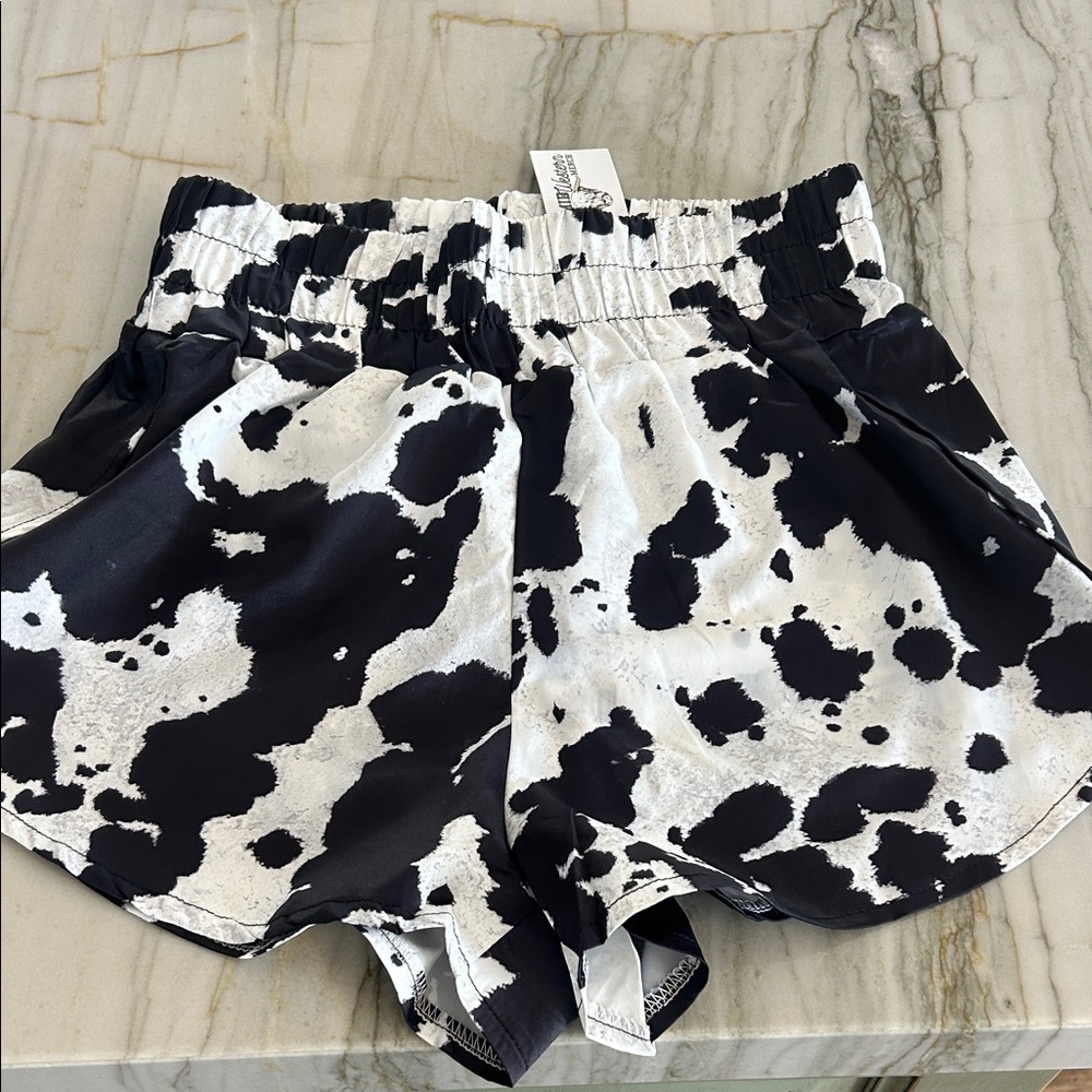 Women’s Cow Print Elastic Waist Shorts - Black & White